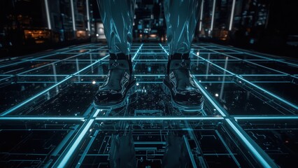 Futuristic shiny black boots standing on illuminated glass floor panel with blue neon lights in modern high-tech urban environment perfect for technology, nightlife or cyberpunk themes