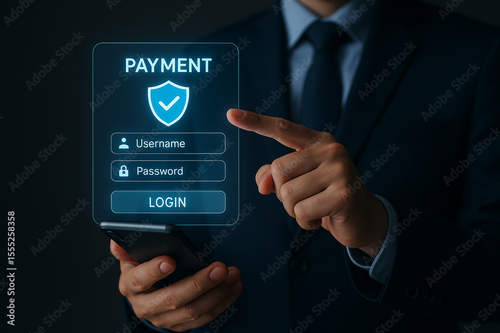 Poster man in suit uses mobile payment app with username password and login security shield on screen displ