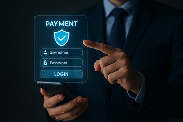 Man in suit uses mobile payment app with username password and login security shield on screen display