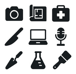 Professional Equipment Icons. Solid, filled icons set of professional equipment: camera, blueprint, medical
