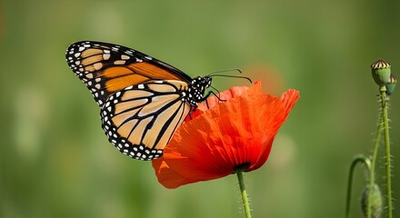 Fototapeta premium Monarch Butterfly on a Vibrant Red Poppy Flower A Stunning Close-Up Nature Photography