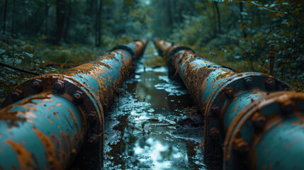 Large aged rusty dirty blue or gray industry iron or metal pipelines tubes taking out waste or pollution through the ground soil.