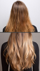 Naklejka premium Hair Transformation: Witness a remarkable hair transformation from dull, damaged locks to luscious, flowing waves, a before-and-after testament to beauty and rejuvenation.