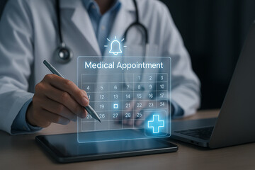 Doctor scheduling medical appointment on digital calendar with pen and laptop nearby on desk