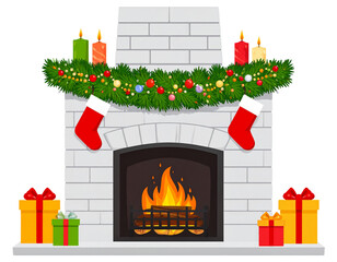 Fireplace burning with holiday decor, transparent background 