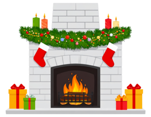 Fireplace burning with holiday decor, transparent background 