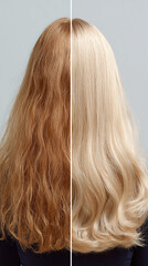 Naklejka premium Transformative Hair: A visual depiction of before and after hair dye, illustrating the drastic change of hair, showing transformation, a beautiful style, and an appeal.