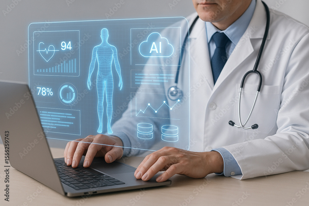 Poster doctor using laptop with ai interface showing health data and body scan in a modern setting