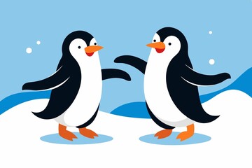 Two playful penguins waddle side by side across a snowy landscape, their flippers outstretched as if balancing or dancing through the fresh powder. 