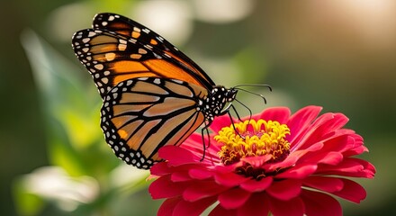 Fototapeta premium Monarch Butterfly on Zinnia Flower Vibrant Wings and Delicate Petals in a Garden Setting