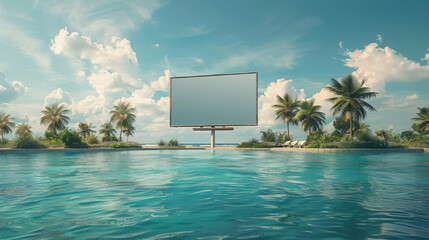 Large wide horizontal white blank billboard sign for advertisements on the edge of swimming pool, tropical environment. Business poster commercial board outdoors, marketing frame mockup.