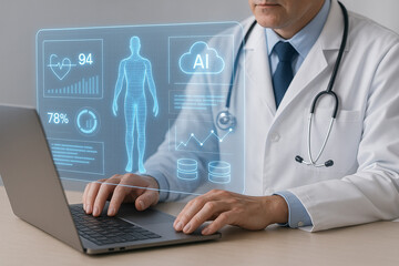 Doctor using laptop with ai interface showing health data and body scan in a modern setting