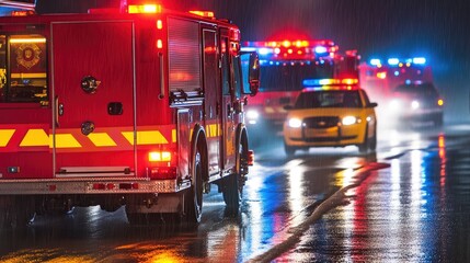 Emergency vehicles on a wet road at night.