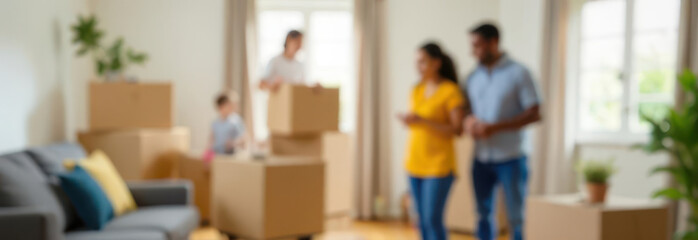 blur image of family move into new home, surrounded by cardboard boxes. moving day, young couple with children. relocation, lifestyle, service. real estate, website banner.