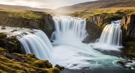 Fototapeta premium Majestic Icelandic Waterfall Breathtaking Nature Photography of cascading water, lush greenery, and dramatic cliffs.