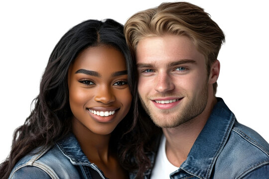 Happy diverse young couple smiling brightly while wearing denim jackets against a clean background, showcasing love and connection in a modern setting - Powered by Adobe