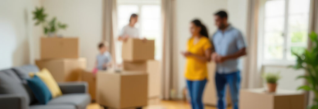 blur image of family move into new home, surrounded by cardboard boxes. moving day, young couple with children. relocation, lifestyle, service. real estate, website banner.