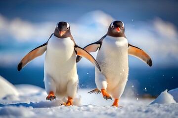 Obraz premium Two playful penguins waddle side by side across a snowy landscape, their flippers outstretched as if balancing or dancing through the fresh powder. 