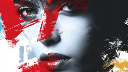 A striking poster for an event features the face of a woman with red and white paint strokes, representing creativity and passion. This design captures attention in digital marketing or advertising.