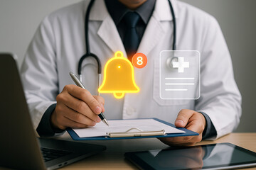 Doctor reviews medical notifications on clipboard with laptop and tablet on desk in office setting