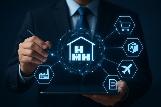 Man in suit interacting with digital logistics interface on tablet with stylus in dark background