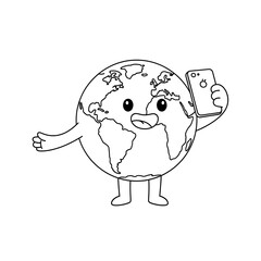 Happy cartoon earth character holding a smartphone and taking a selfie isolated on transparent background