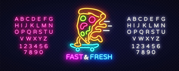 Pizza neon sign, slice on skateboard. Vector illustration with glowing text FAST FRESH and full neon alphabet on transparent dark background.
