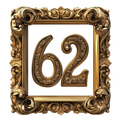 Golden Ornate Frame with Number Sixty-Two against Transparent Background Elegant Vintage Design