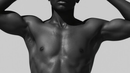 Black muscular man flexing arms monochrome studio portrait bodybuildin