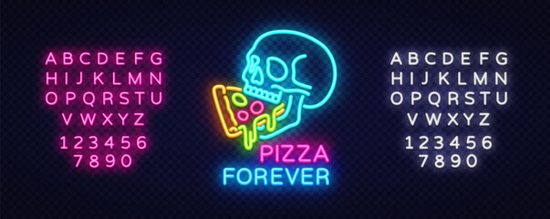 Pizza neon sign, glowing alphabet set. Vector illustration with skull eating pizza, text PIZZA FOREVER, and full neon font and numbers on dark transparent background