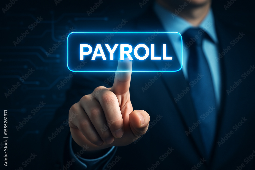 Poster man in suit touching a glowing payroll button on a digital interface with finger pointing forward