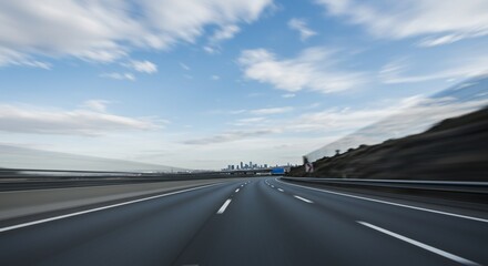 Fototapeta premium Blurred Highway Leading to City Skyline Under a Cloudy Blue Sky