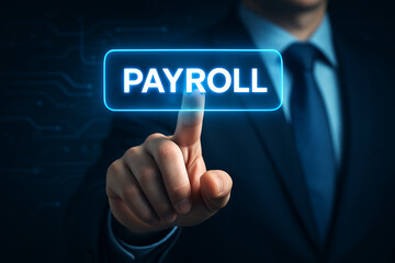 Man in suit touching a glowing payroll button on a digital interface with finger pointing forward
