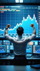 Financial analyst celebrating market success in front of screens displaying upward-trending stock market graph.