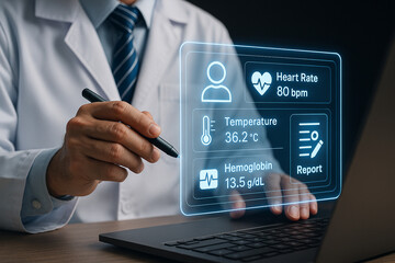 Doctor using digital interface on laptop displaying patient vitals and medical information details panel