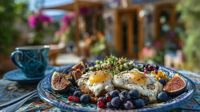 Bohemian brunch setting with colorful eggs benedict on handmade pottery, surrounded by fresh figs, blueberries, and nectarines. Blurred terrace garden gives the scene a dreamy touc
