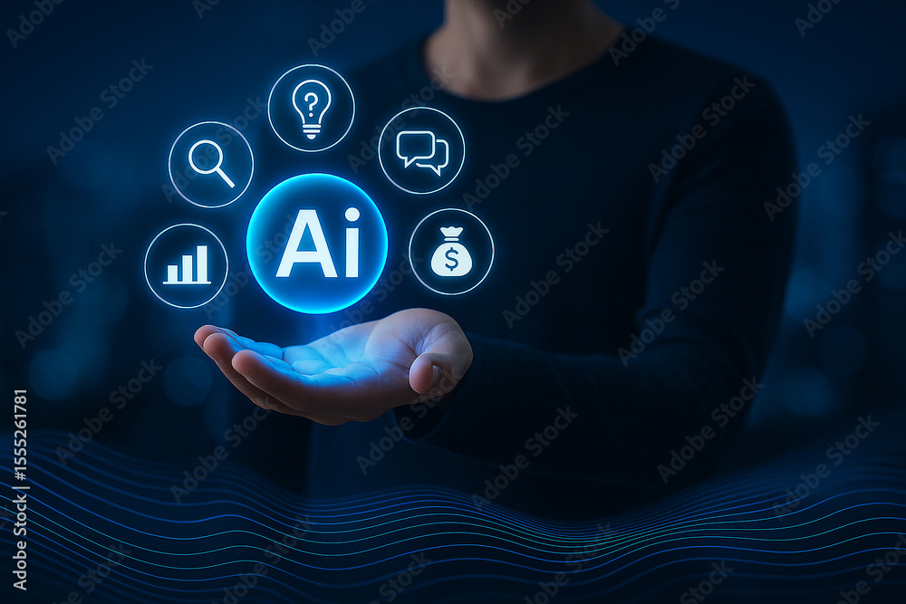 Poster person holding ai icon with surrounding icons representing various functions and applications of ai