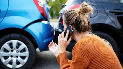 Woman making emergency call after minor car accident on suburban street. Emergency response, car accident aftermath.
