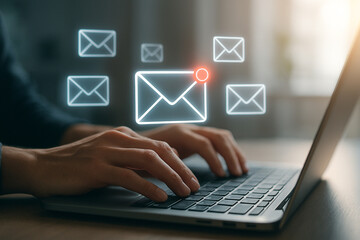 Person typing on laptop with email icons overlayed indicating new messages and communication flow