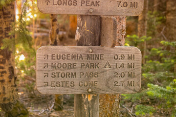 Wooden Trail Sign at the intersection of the Longs Peak and Estes Cone in a Rocky Mountain National...