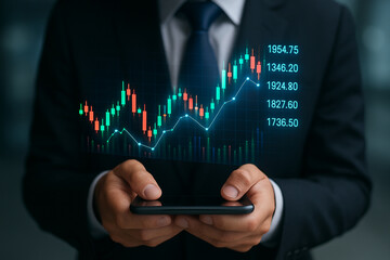 Man in suit holding phone displaying stock market graph with prices and candlestick chart overlayed