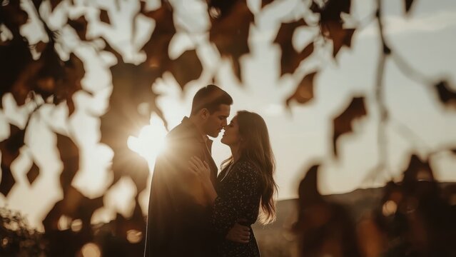 Romantic couple embracing at sunset in nature during golden hour for wedding engagement love concept vintage warm mood outdoor background