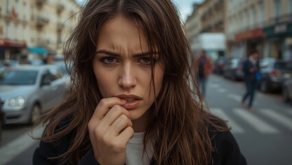 Young woman intense thoughtful expression touching face outdoor urban street city lifestyle portrait moody natural light photo shoot casual fashion background best for blog social media