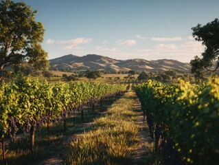 Naklejka premium Grape vineyard under sunny sky in countryside. Lush green vineyard with ripe grapes under a bright blue sky