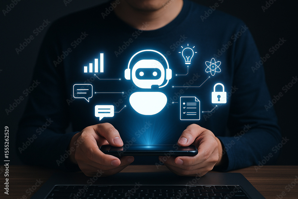 Poster person using smartphone with ai chatbot interface and various digital icons floating above the scree