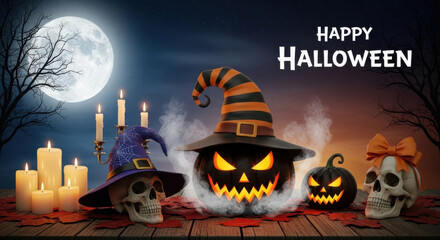 Halloween scene with pumpkins skulls candles and a full moon