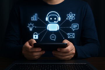 Fototapeta premium Person holding phone with chatbot interface and various icons displayed above the device screen