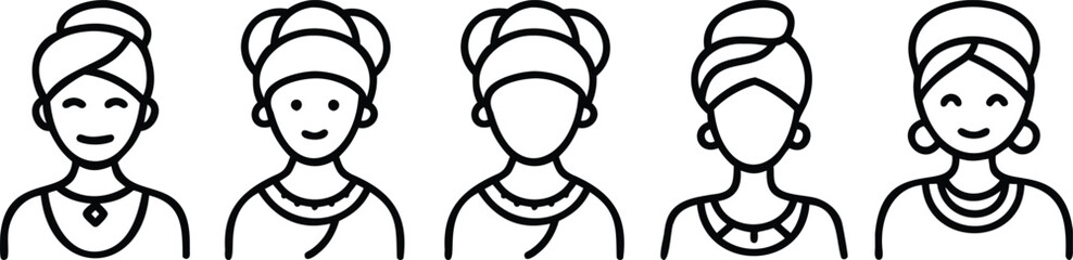 Charming lineup of women icons in black and white, illustrating diverse hairstyles and subtle emotional expressions in a simple, modern design.