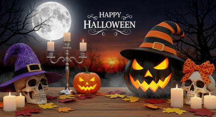 Halloween pumpkins and skulls with candles under a full moon