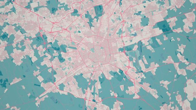 Zoom in on the map of Milan City in Italy, with text. Cinematic digital abstract 3d world map animation highlights aerial views, tourism, and travel. 4k